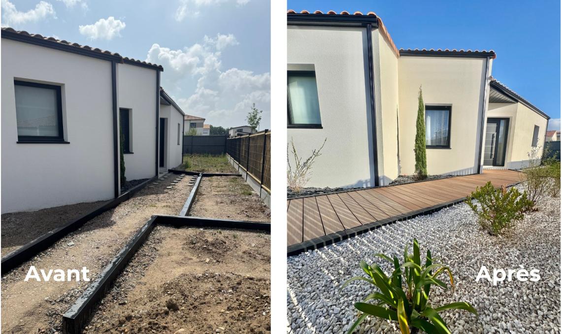 images avant après du jardin et de l'accès en lames composite nuances ipé de silvadec chez l'influenceuse chanala10